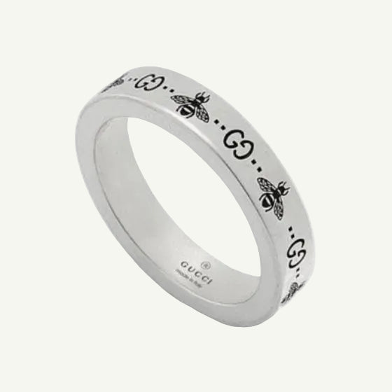 Sterling silver signature bee engraved band ring 6mm.