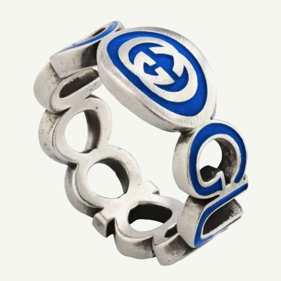 Sterling silver interlocking G-U-C-C-I blue enamel ring 9mm.