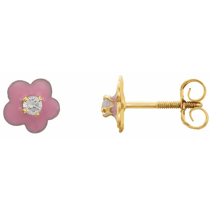 Add a pop of playful pink with these whimsical 14K yellow gold Pink Enamel Flower Stud Earrings.