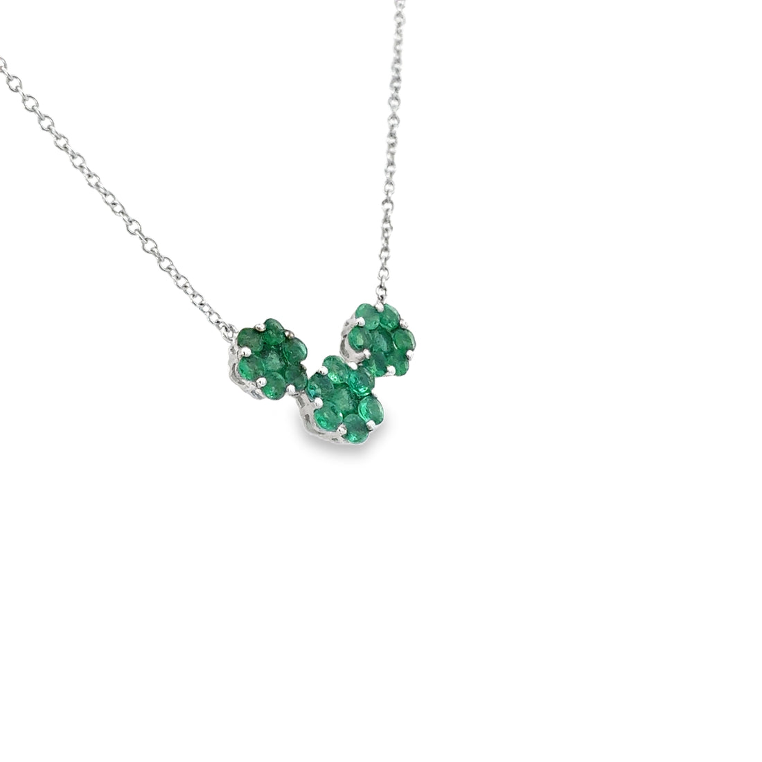 White Gold Triple Emerald Flower Cluster Chain Necklace