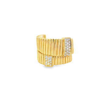 Ribbed Yellow Gold Bypass Ring with Diamond Pavé Stations