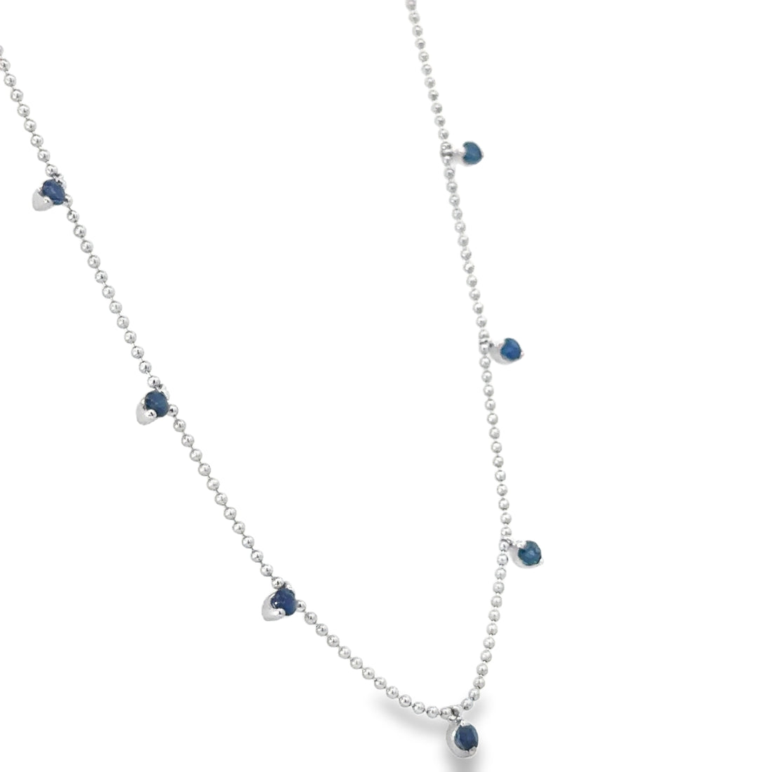 18K White Gold Blue Sapphire Dangle Bead Chain Necklace