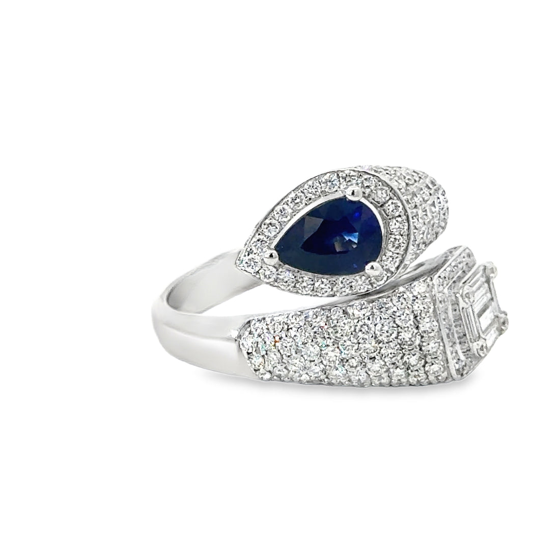 18K White Gold Pear-Cut Blue Sapphire and Emerald-Cut Diamond Pave Bypass Cocktail Ring