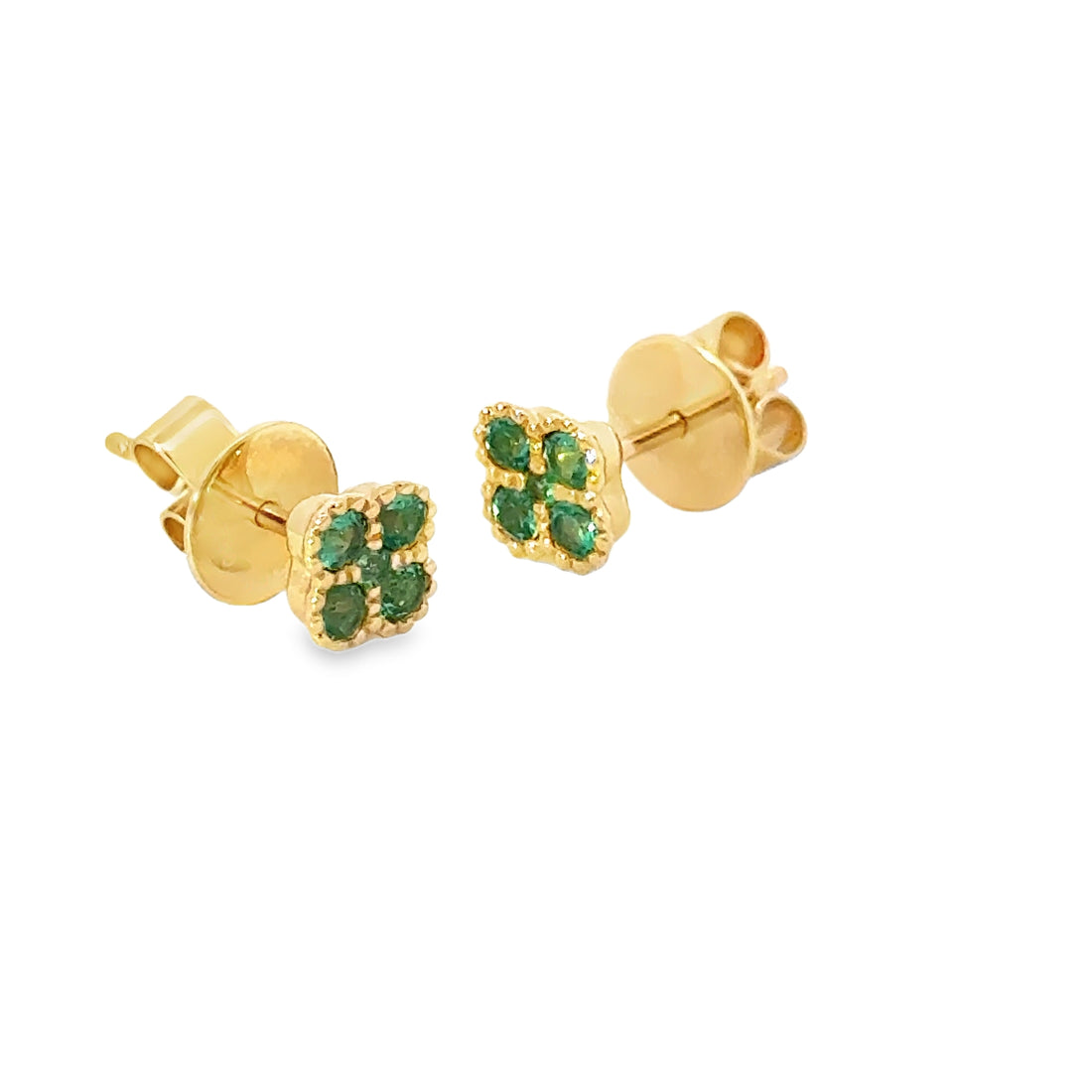 18K Yellow Gold Emerald Clover Cluster Stud Earrings