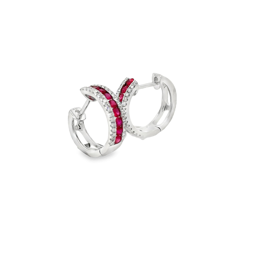 White Gold Deep Red Ruby and Diamond Hoop Earrings
