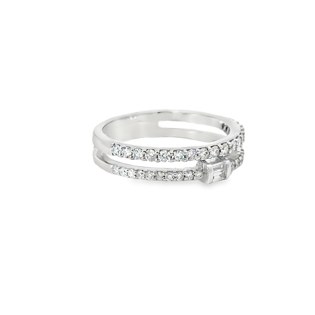 18K White Gold Baguette & Round Diamond Open Double Band Ring