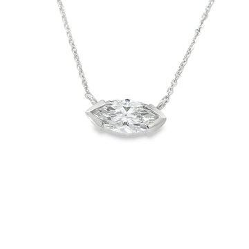 14K White Gold Lab-Grown Marquise Diamond Half Bezel Solitaire Necklace