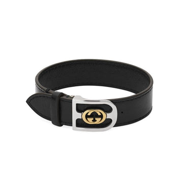 Gucci Sterling Silver Yellow Gold Interlocking G Buckle Black Leather Bracelet