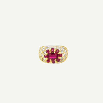 Yellow Gold Oval Ruby Ring with Diamond Accent Lattice Design
