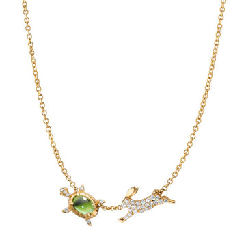 "Slow and Steady" Tortoise and the Hare Necklace with Green Tourmaline and Diamonds