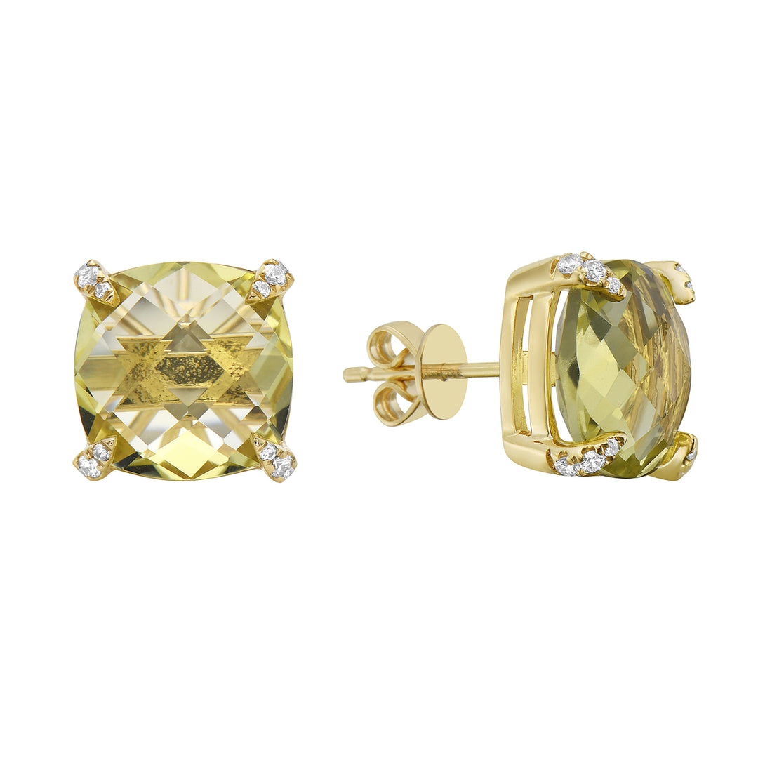 Elegant 14K Yellow Gold Earrings with 6.92-Carat Green Gold Quartz and Diamond Accents