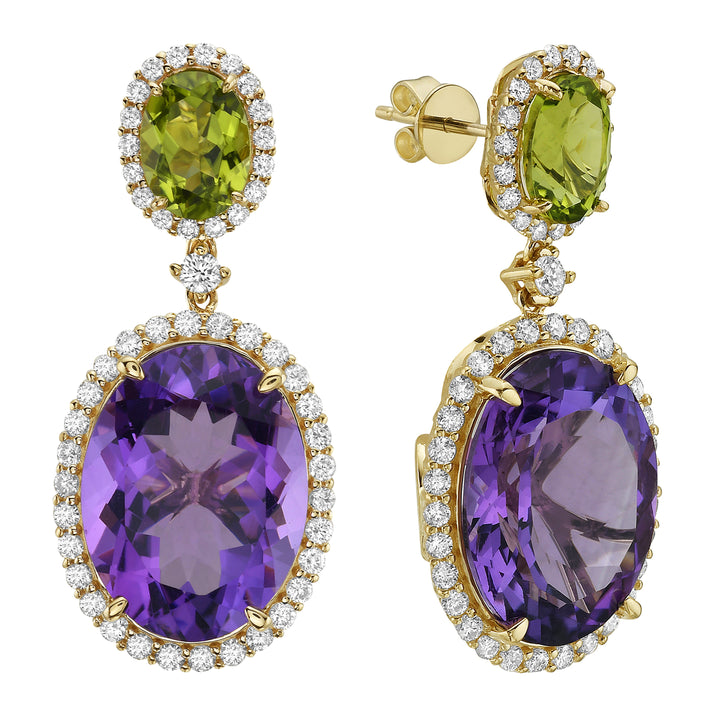 14K Gold Earrings with Amethyst, Peridot, and Diamond Accents