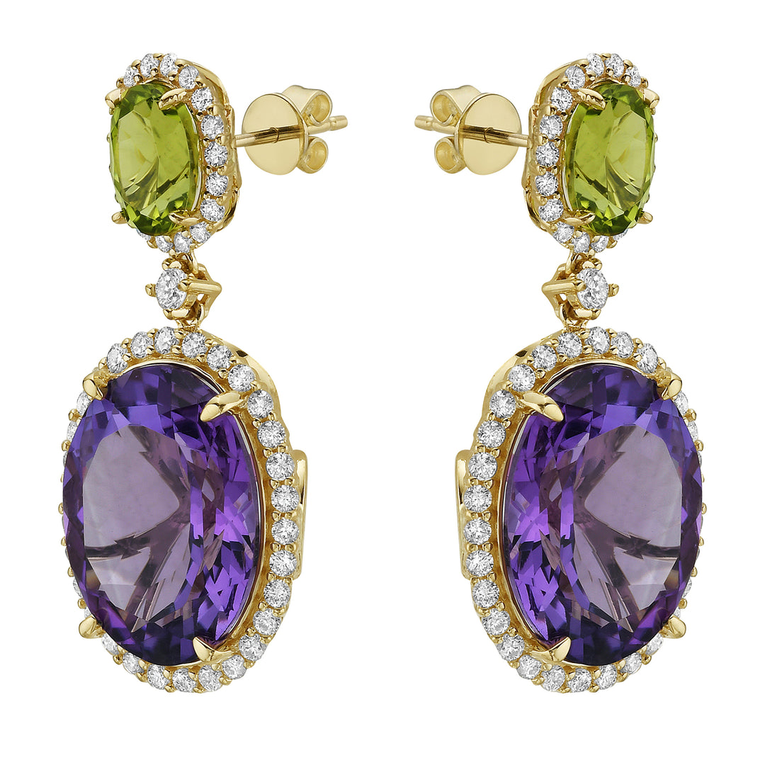 14K Gold Earrings with Amethyst, Peridot, and Diamond Accents