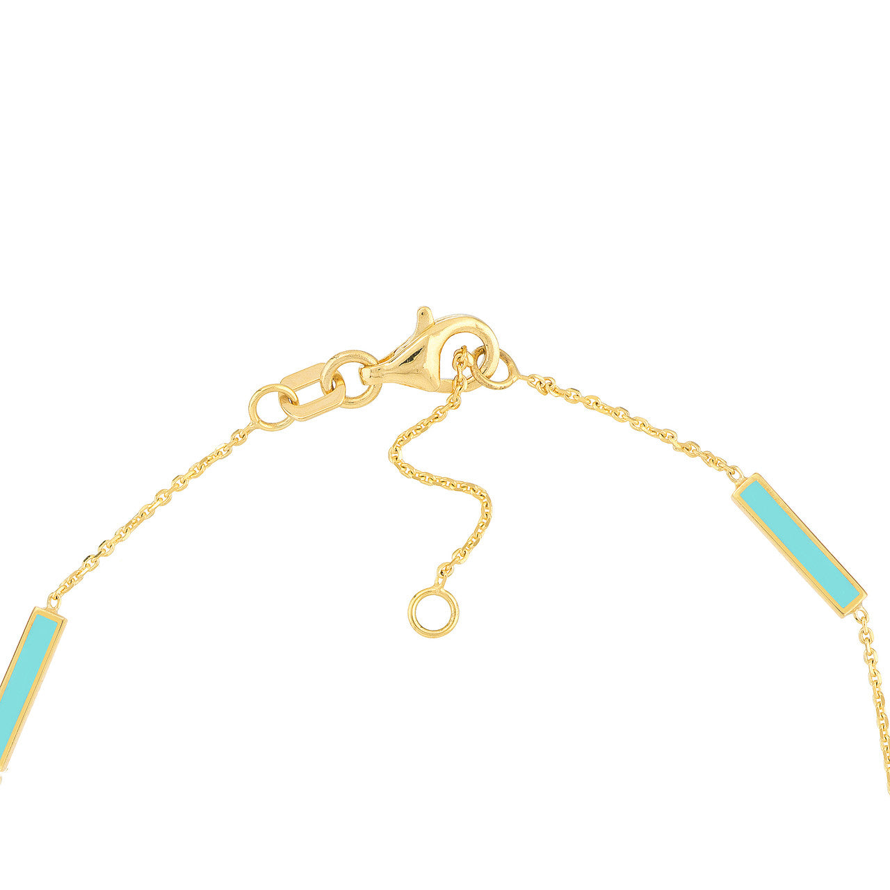 close up of the yellow gold adjustable clasp and turquoise enamel bars