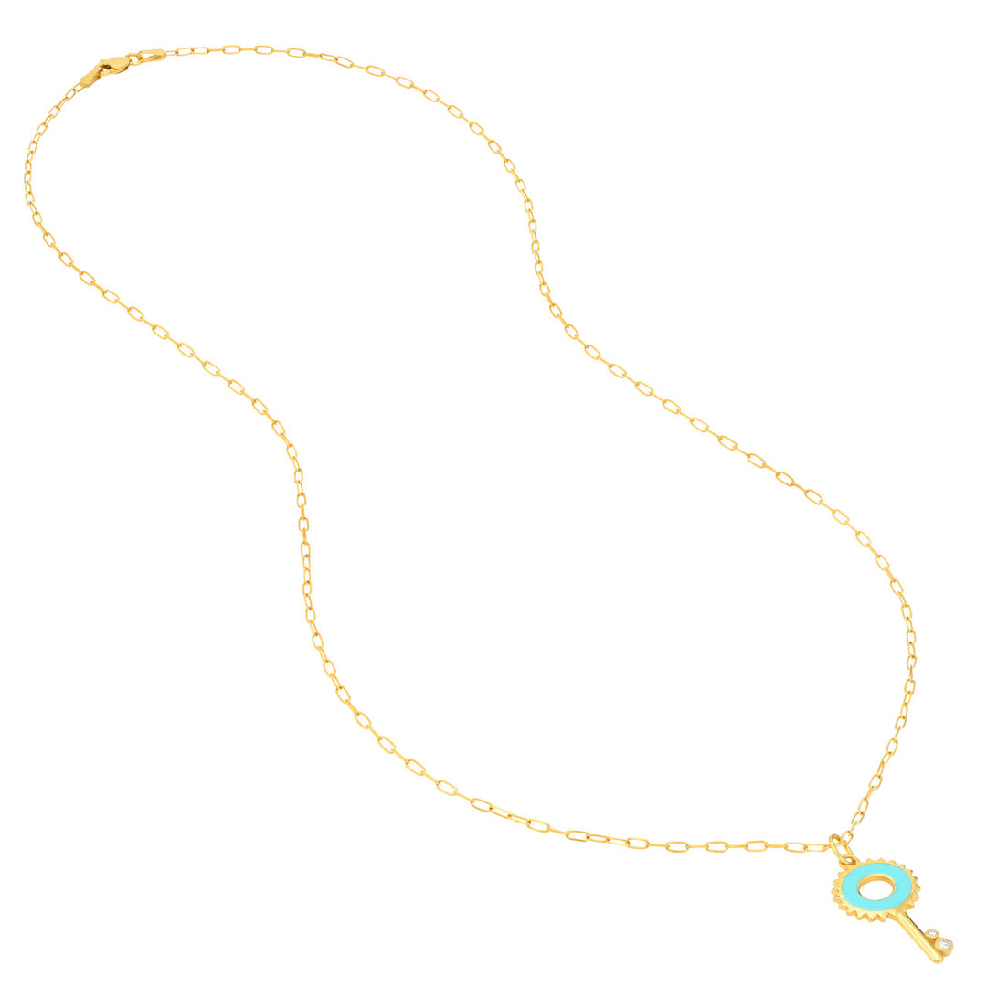 Lt.Turquoise Enamel Key Necklace with Diamonds