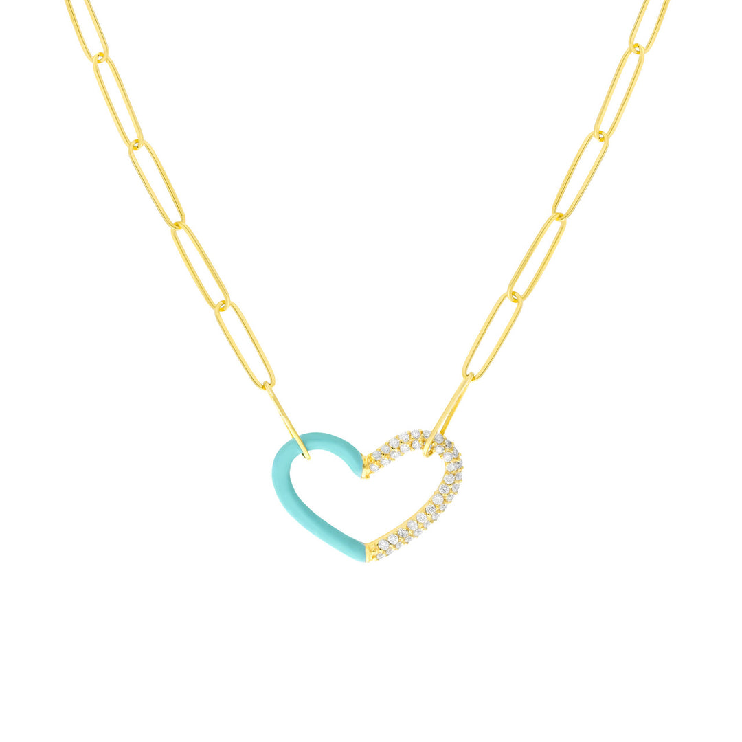 50/50 Lt. Turquoise Enamel Diamond Heart Necklace