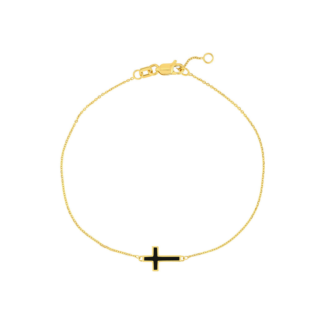 black enamel Sideways Cross Bracelet in yellow gold