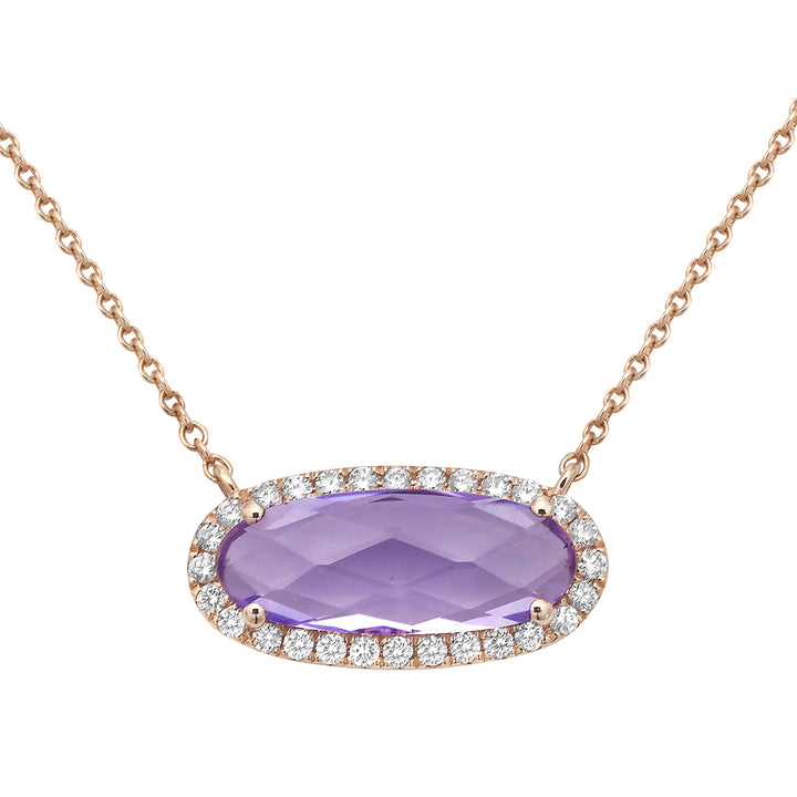 Dainty 14K Rose Gold Necklace with a 2.10-Carat Rose De France Amethyst and Delicate Diamond Accents
