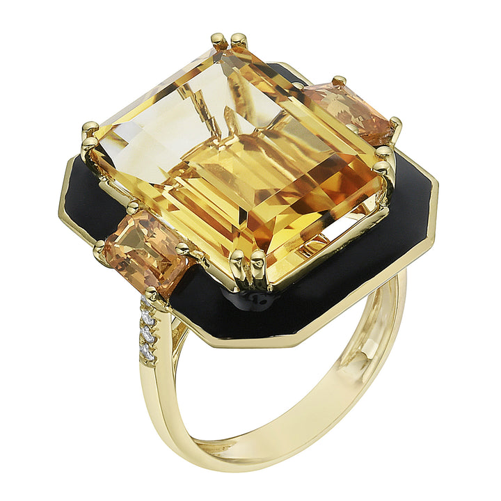 18K Yellow Gold Ring with Citrine, Diamonds, and Blue Enamel Detailing
