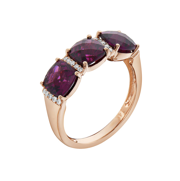Triplet Rhodolite Ring in 14K Rose Gold with Diamond Accents