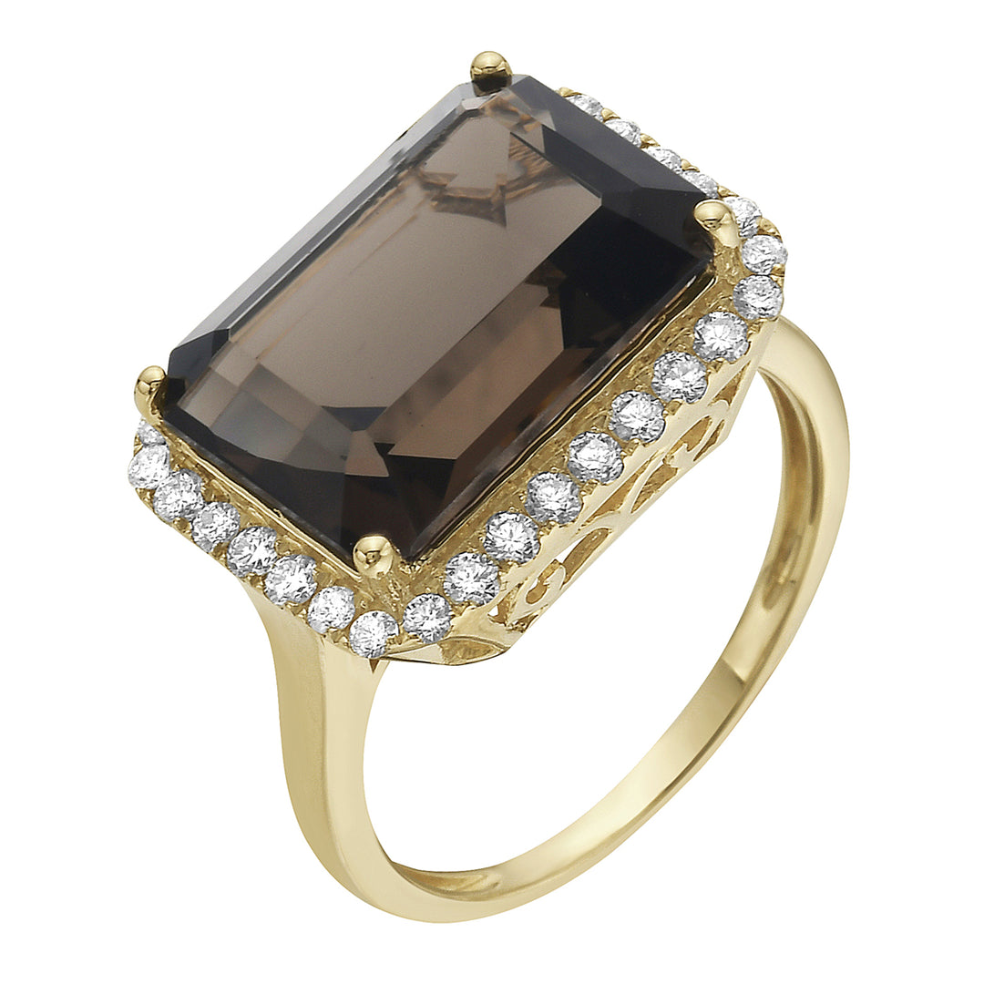 Chic 14K Yellow Gold Ring with 6.61-Carat Square-Cut Smokey Quartz and Diamond Accents
