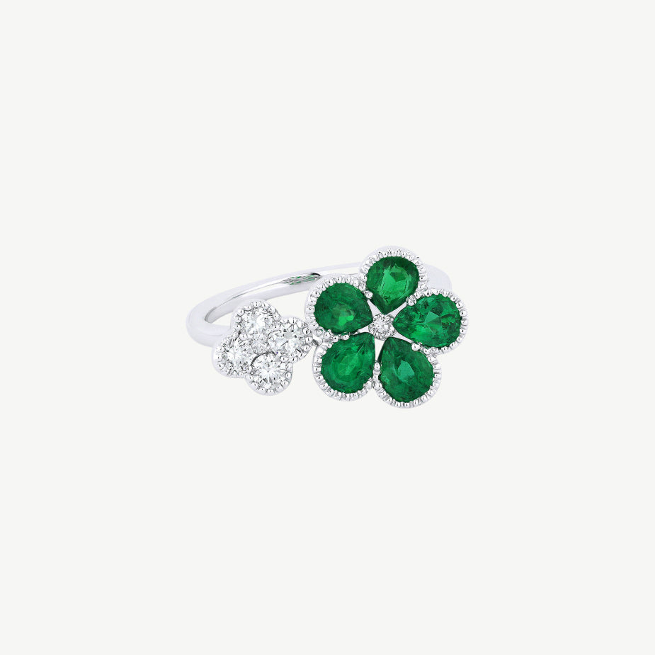 Emerald Clover + Diamond Flower Ring