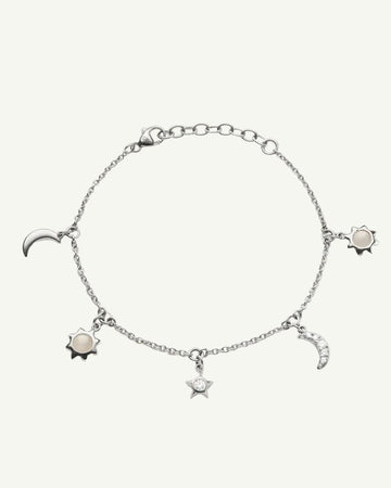 Sterling Silver Celestial Moonstone and White Sapphire Charm Bracelet – 0.18 CTW