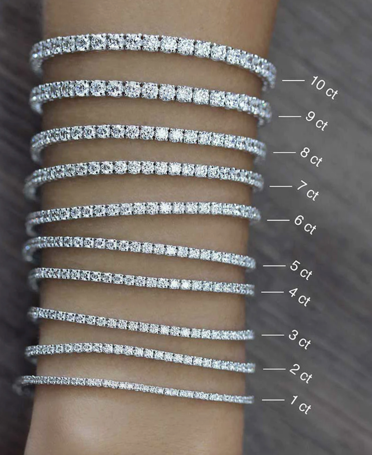 woman wearing the Large Four Prong Diamond Tennis Bracelet with 1 to 10 ct size diamonds