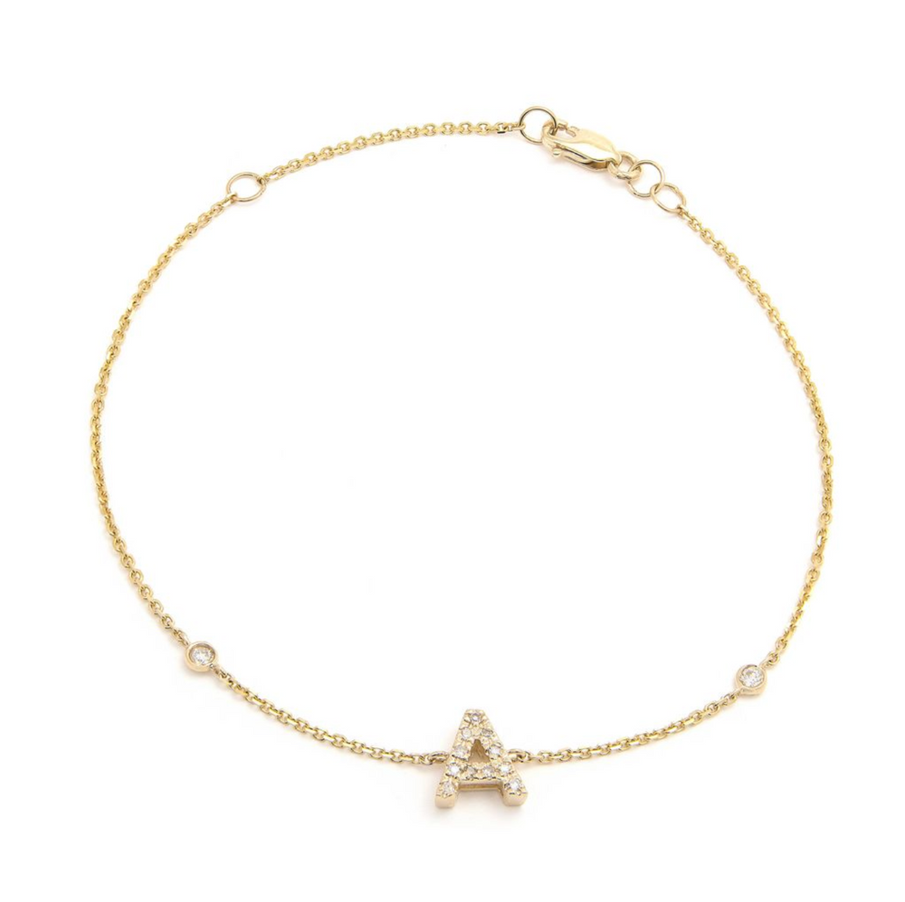Letter "A" diamond initial on yellow gold bracelet 