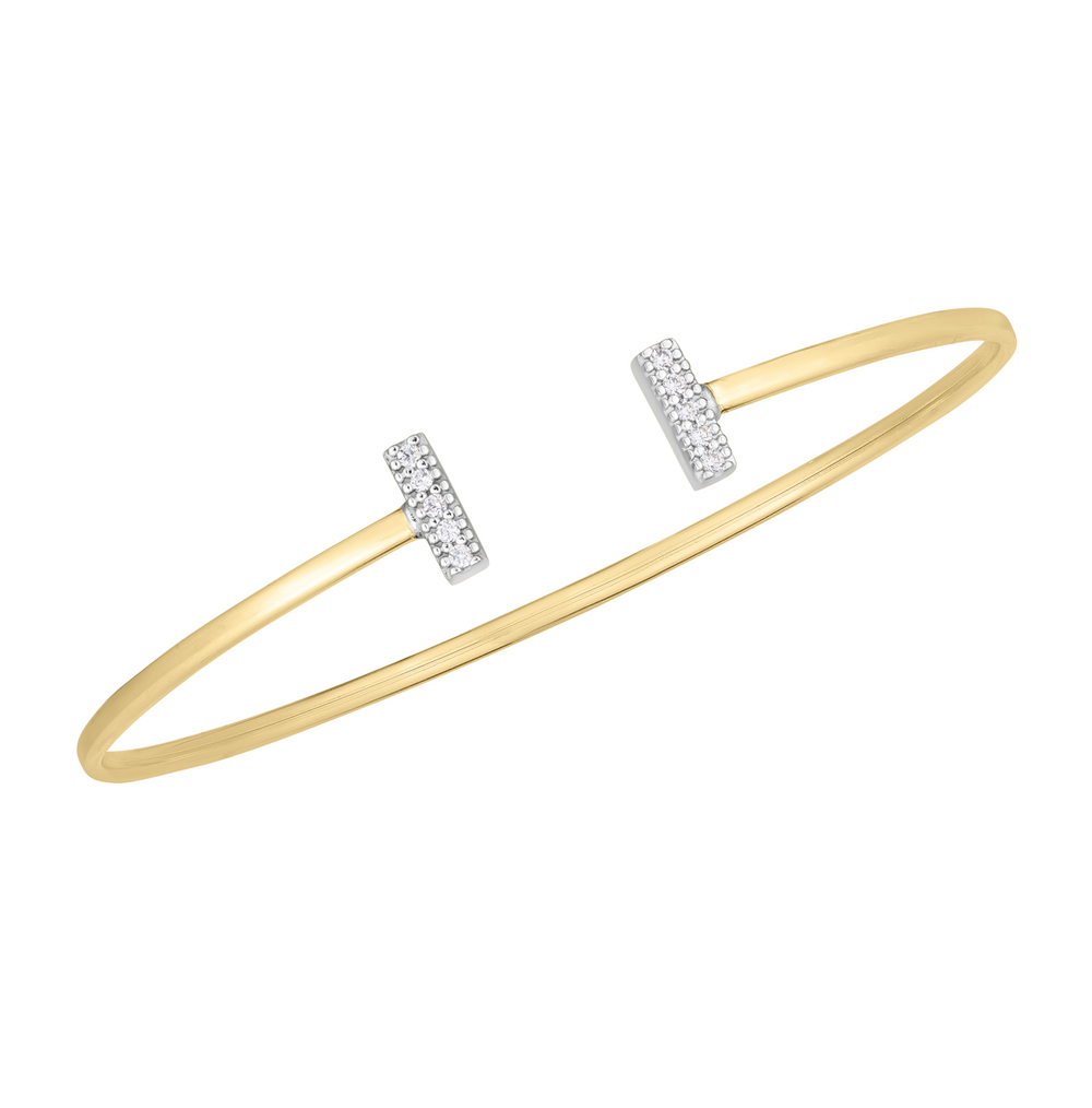 Diamond Bar Bangle Bracelet. Made from the finest 14K gold, this bangle is adorned with dazzling diamonds and features a unique tee bar design.