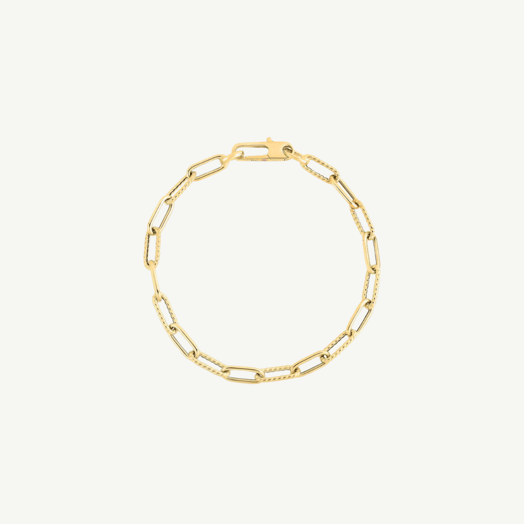 Designer Gold Alternating Polished And Fluted Paperclip Link Bracelet