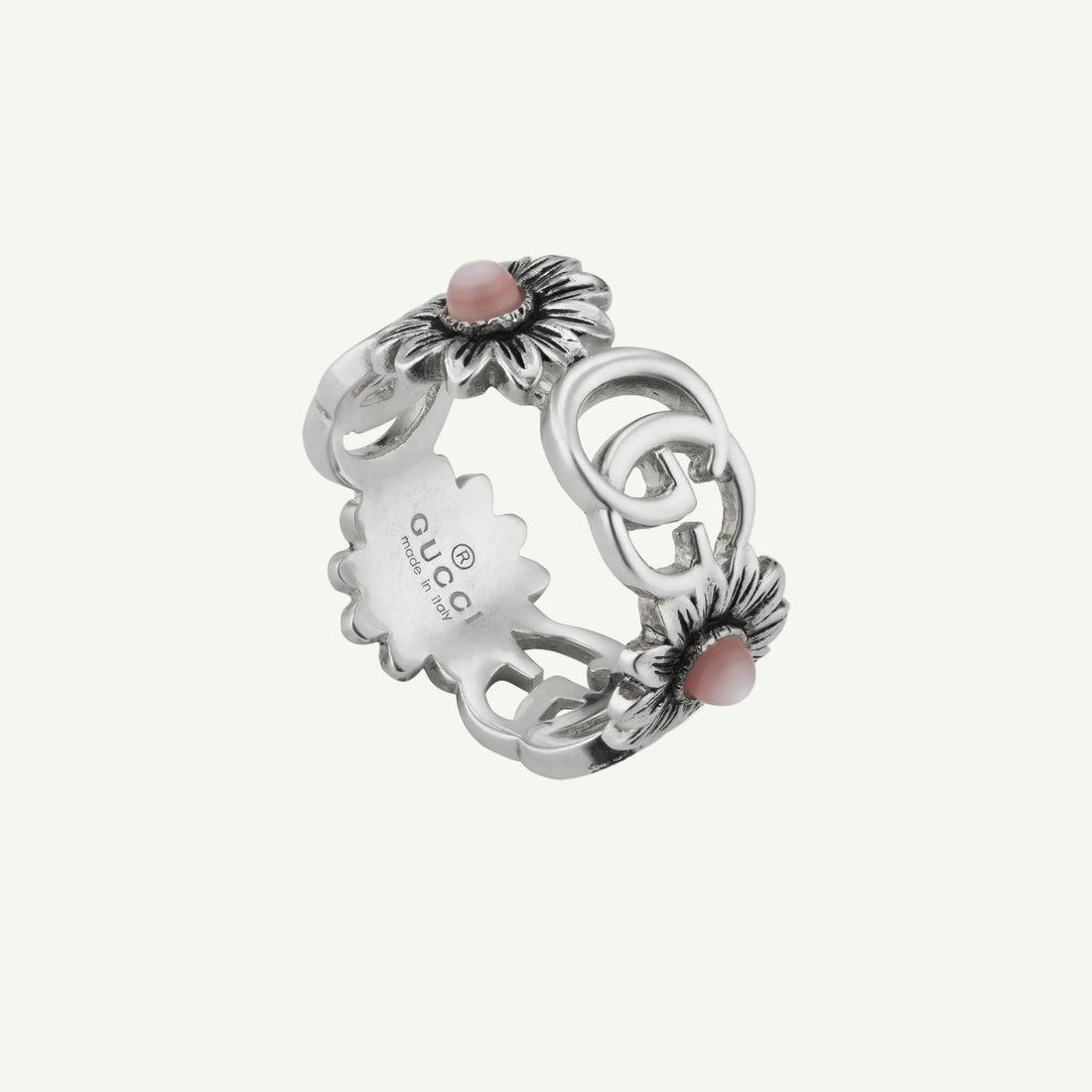 Sterling silver GG Marmont resin logo ring.