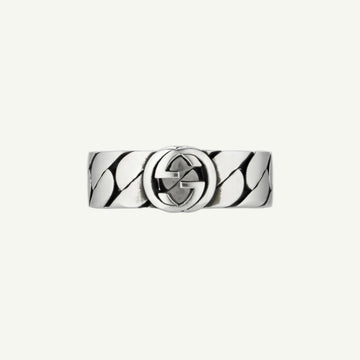 Gucci Sterling Silver Interlocking G Gourmette Ring with Black Enamel
