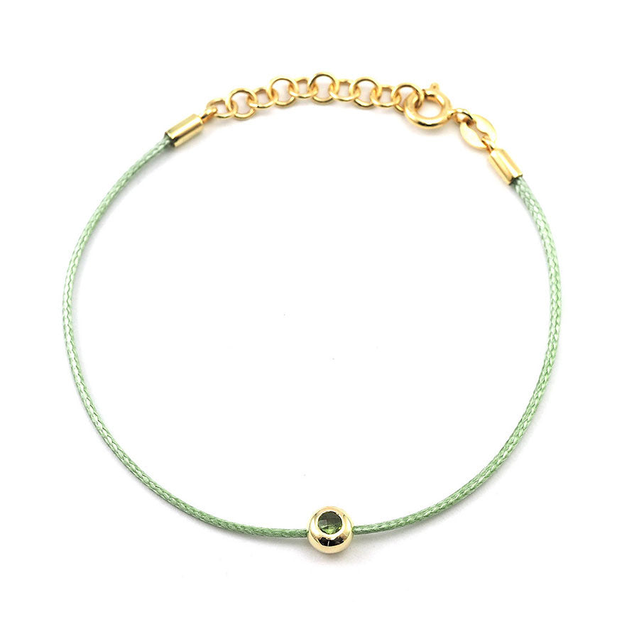 14k Gold Peridot Bezel on Green Cord Bracelet