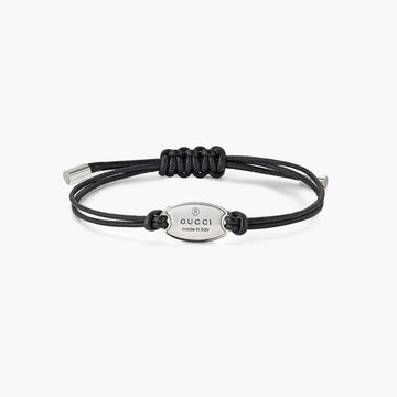 Gucci Sterling Silver Trademark Black Leather Adjustable Bracelet