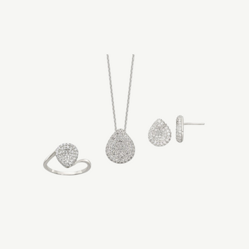 Sterling Silver 16 in with 1.5 in Ext. CZ Pear Necklace, Earrings and Ring