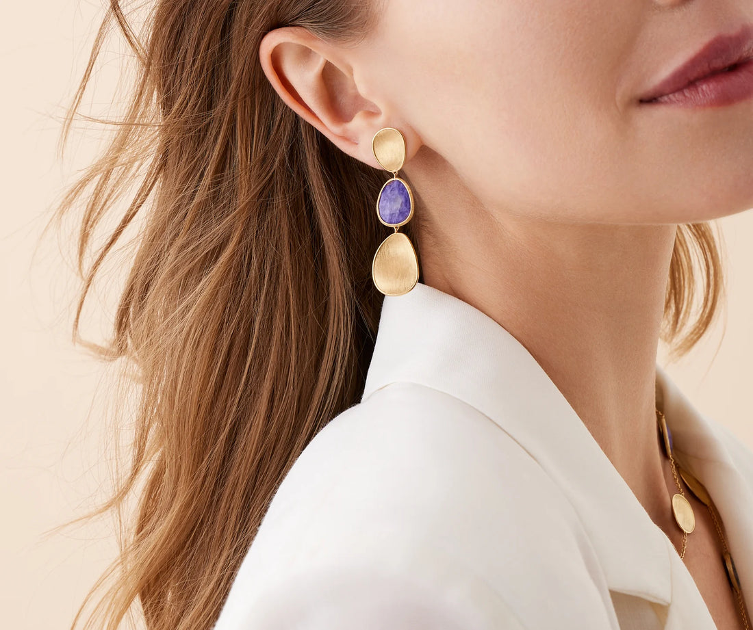 Yellow Gold Three-Drop Charoite Earrings