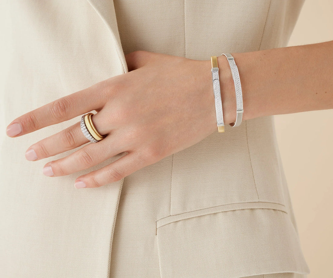 Marco Bicego 18K Yellow and White Gold Bangle Bracelet with Diamond Pavé, Thin