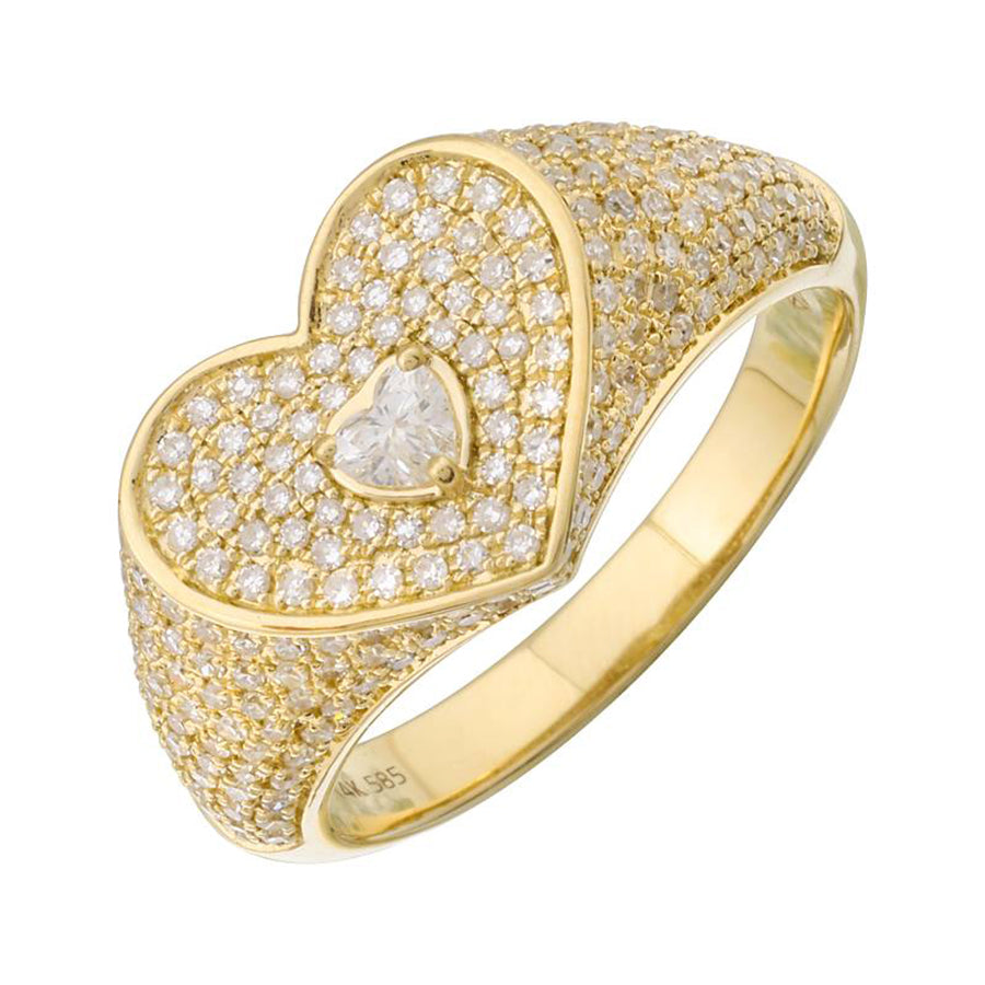 14k Yellow Gold Diamond Heart Signet Ring