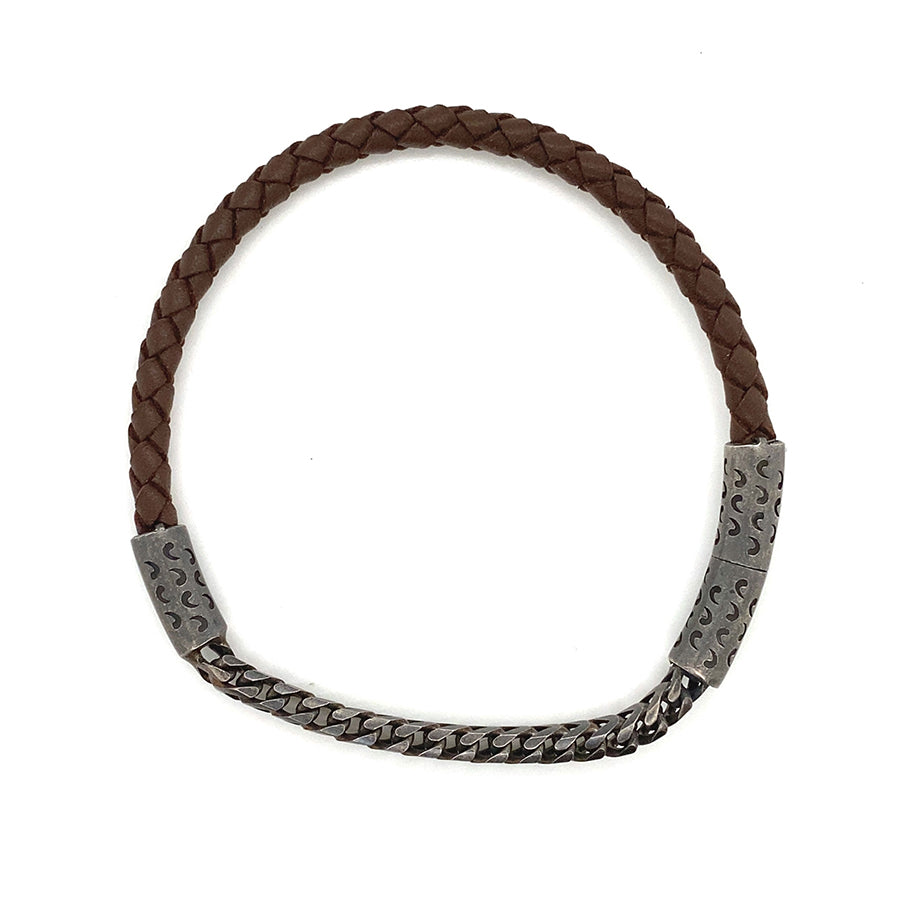 Marco Dal Maso Oxidized Link + Brown Leather Bracelet