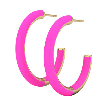 14k Yellow Gold Neon Pink Enamel Hoop Earrings