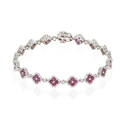 Luvente 14k Gold Diamond + Ruby Flower Bracelet