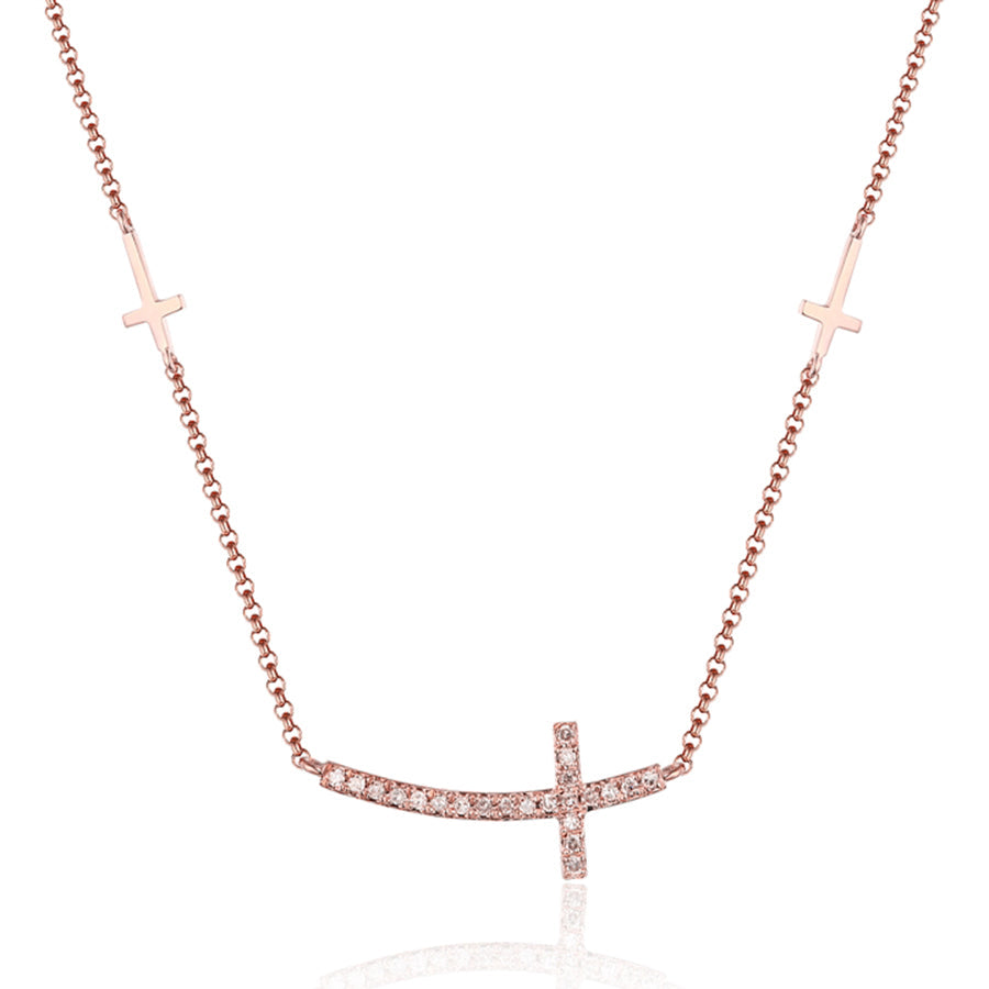 ndulge in the sophisticated elegance of our 14k Gold Sideways Cross Diamond Necklace. Crafted with 14k gold and adorned with .06 carats of dazzling diamonds