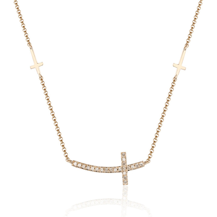 ndulge in the sophisticated elegance of our 14k Gold Sideways Cross Diamond Necklace. Crafted with 14k gold and adorned with .06 carats of dazzling diamonds