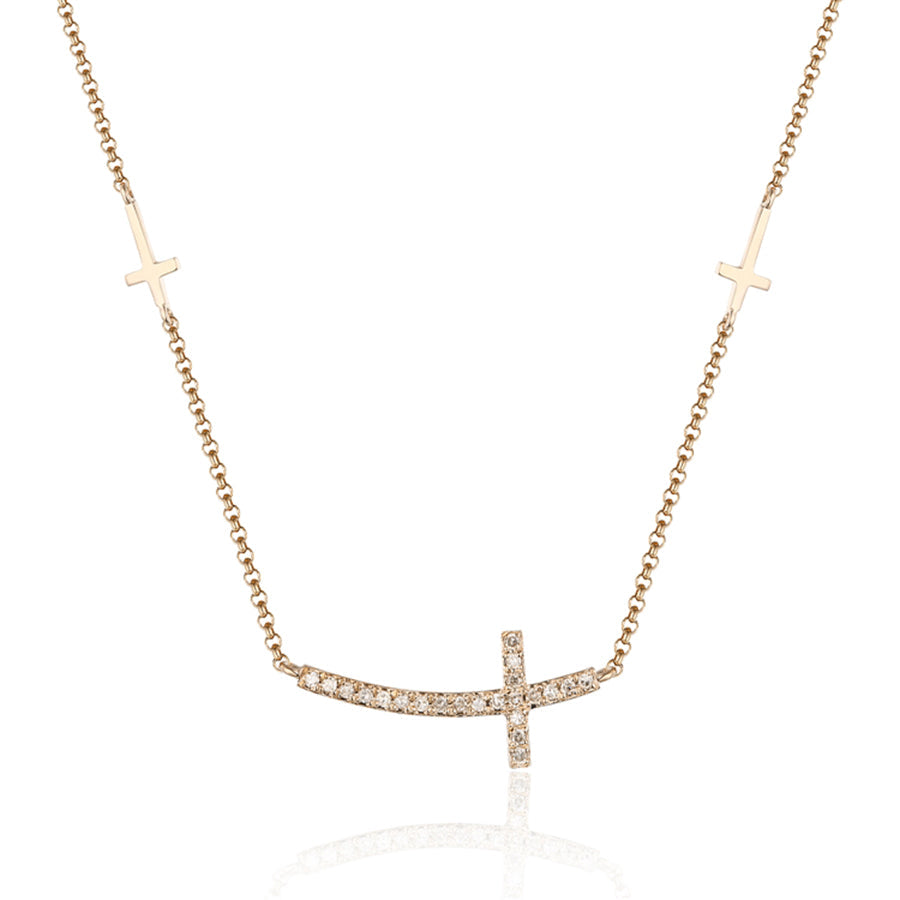 ndulge in the sophisticated elegance of our 14k Gold Sideways Cross Diamond Necklace. Crafted with 14k gold and adorned with .06 carats of dazzling diamonds